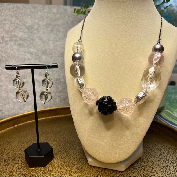 Jewelry - Statement Bead Necklace & Earring Set Clear Pink Gray Black Mixed Beads